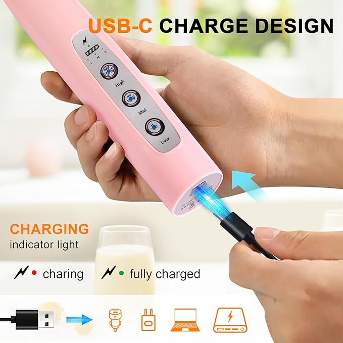 YUSWKO Handheld Milk Frother Wand for Coffee, Rechargeable Electric Whisk with 3 Heads 3 Speeds Drink Mixer Coffee Frother For Latte, Cappuccino, Hot Chocolate, Egg, Pink