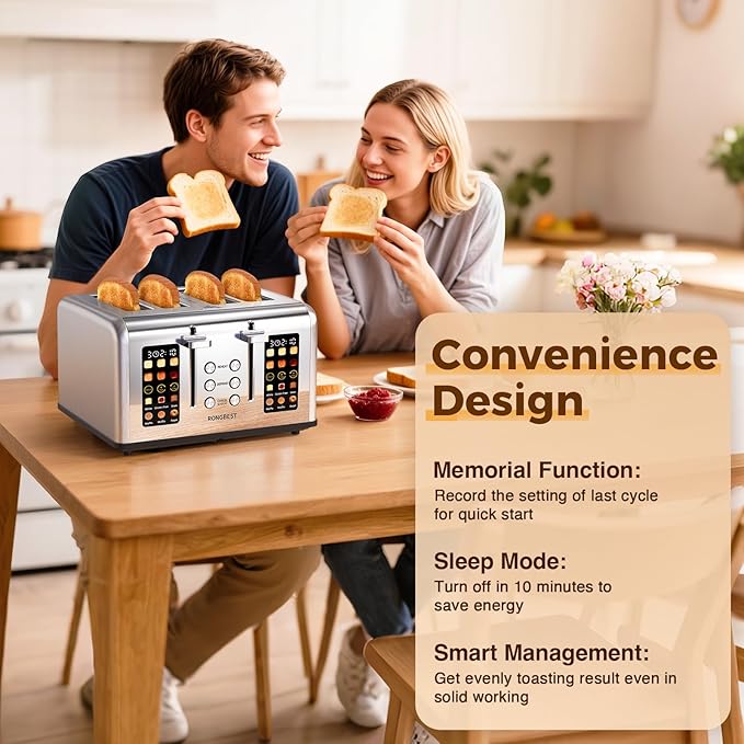 4 Slice Touch Screen Toaster with Wide Slots Stainless Steel Digital Toasters for Family Breakfast, Even Toasting for Bagel & Bread, Reheat Defrost Cancel, Removable Crumb Tray, Silver