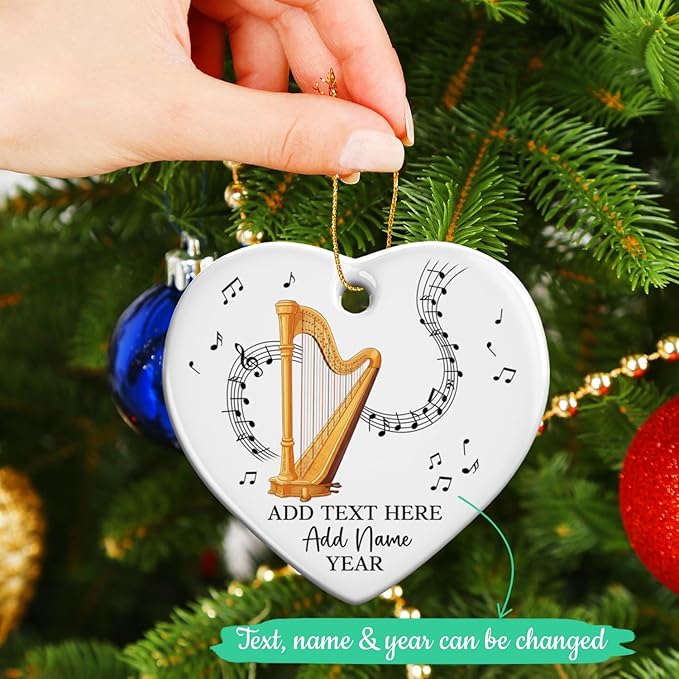 Customized Harp Music Instrument Ceramic Ornaments, Personalized Text Name Year Harpist Christmas Ornament, 2026 Xmas Ornament Gift for Harp Player Teacher Student, Musician Xmas Decorations