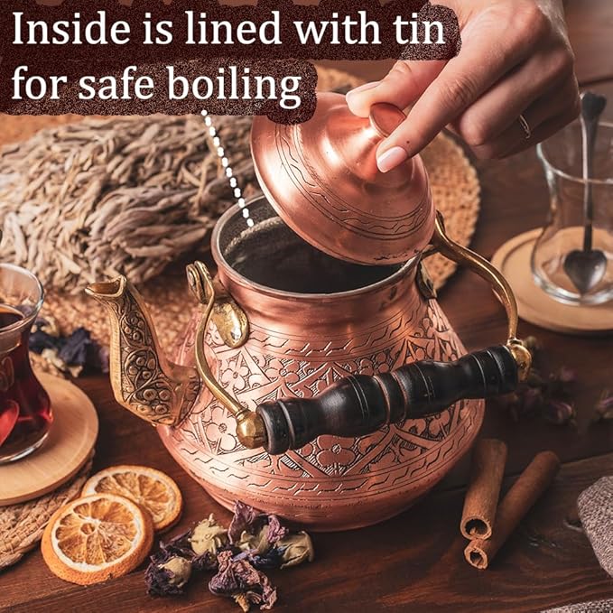 Vintage 100% Solid Pure Copper Turkish TeaPot Tea Pot Kettle for Stovetop Stove Top Traditional Decorative Fancy Arabic Moroccan Party Hammered Kitchen Antique Handmade Unique Style Gooseneck Gift