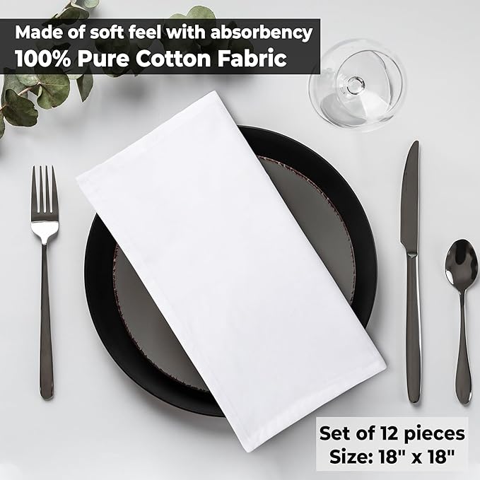 Urban Villa White Cloth Dinner Napkins 100% Cotton (Set of 12) 18x18 Inches