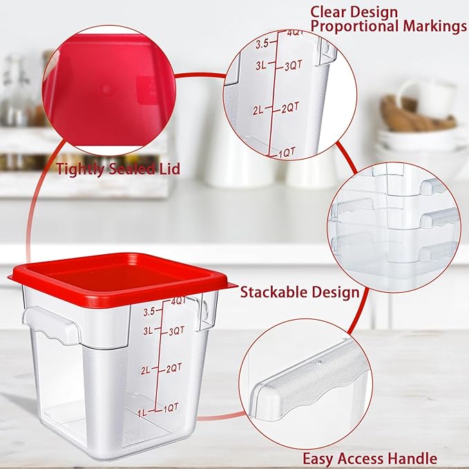 SHANDERBAR 4 Pack 4QT Food Storage Containers with Red Lids - Square, Clear