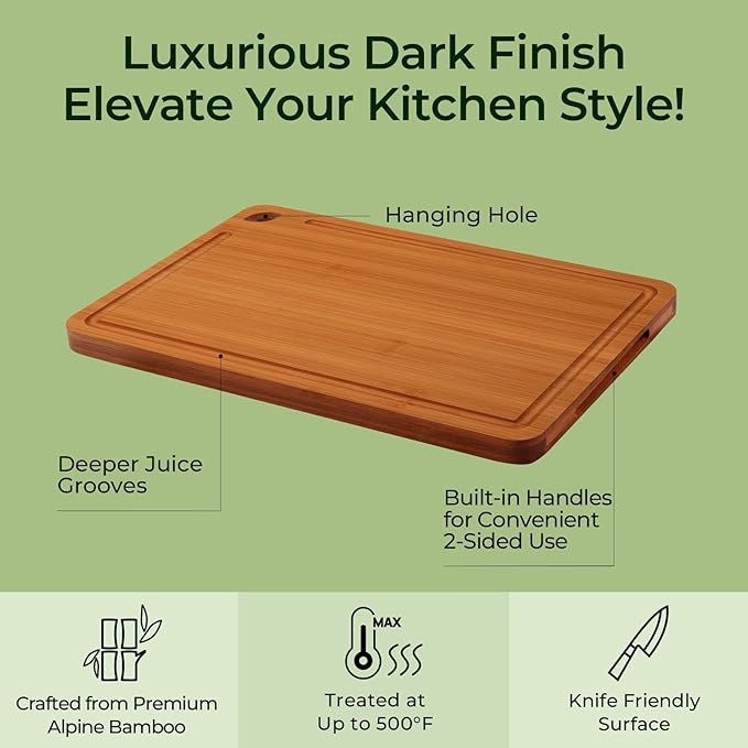 Keechee Carbonized Bamboo Cutting Board Set of 2, Wood Kitchen Boards