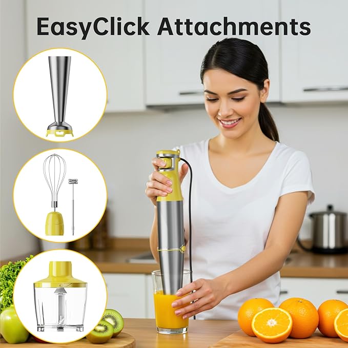 Turelar Immersion Blender Handheld Corded Hand Blenders Set 1100W, Trigger Variable Speed 5 in 1 Stick Emulsifier with Chopper, Whisk and Frother for Soup, Baby Food and Smoothies, Yellow