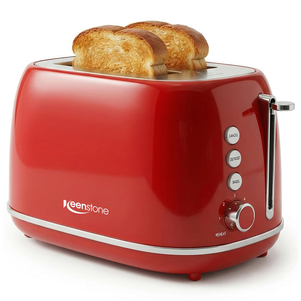 2 Slice Stainless Steel Toaster Retro with 6 Bread Shade Settings, Bagel, Cancel, Defrost Function, Extra Wide Slot, Removable Crumb Tray, Red
