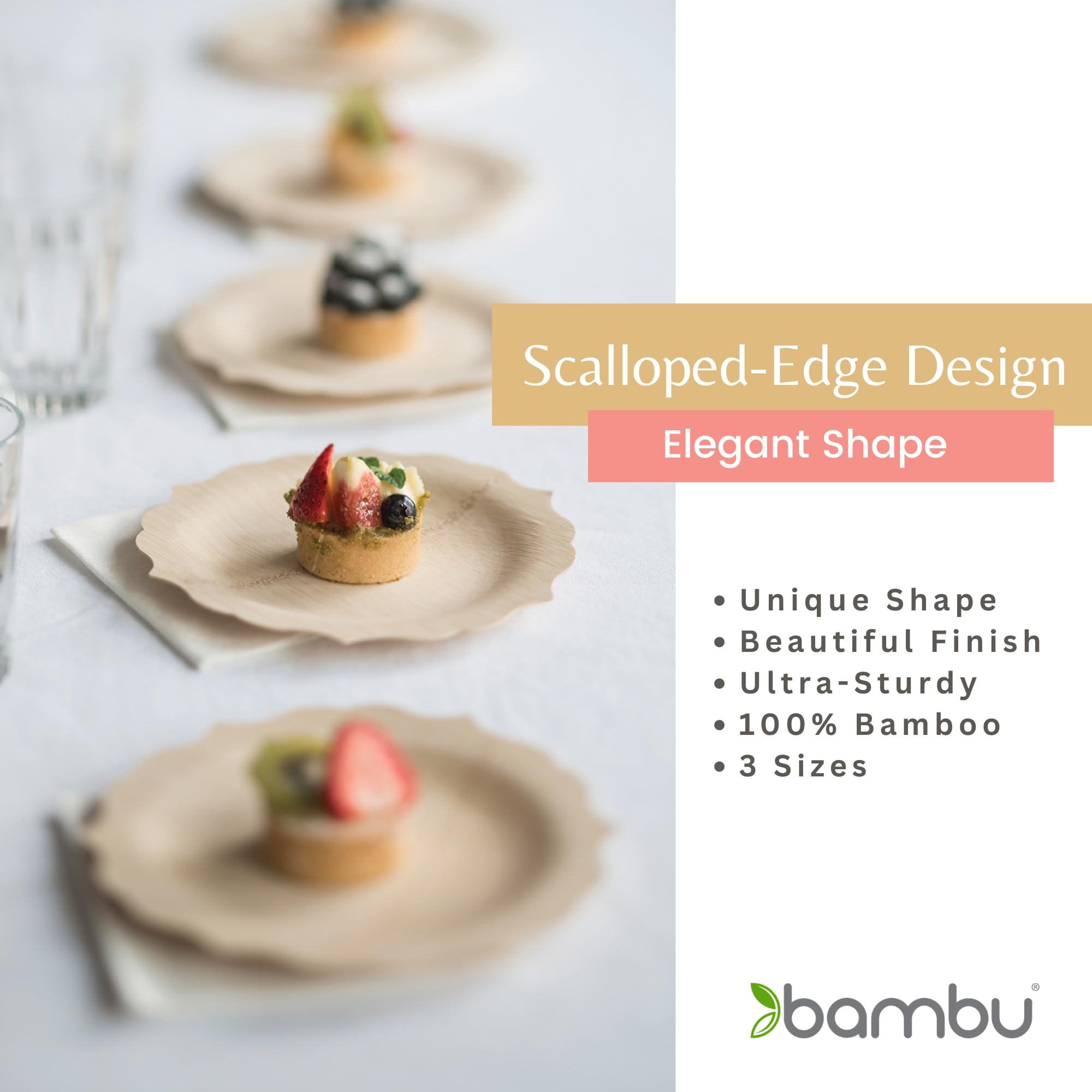 Bambu Pack of 8-7 Inch Disposable Bamboo Plates Fancy, Biodegradable Eco Friendly Products, Bamboo Disposable Plates for Events, Compostable Plates