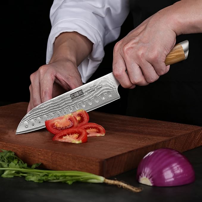 HOSHANHO Damascus Santoku Knife 7", Sharp Chef Knife, Ergonomic Wood Handle