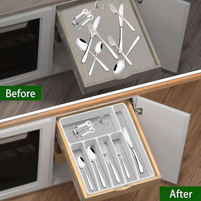 Loyareal Silverware Organizer Utensil Organizer Holder Kitchen Drawer Organizer Plastic Silverware Tray for Drawer Flatware Organizer 6 Compartment White