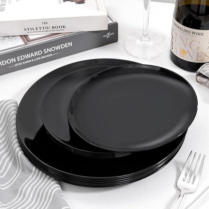 PULOTE 60 PCS Black Plastic Plates - Include 30 Dinner and 30 Dessert Plates, Black Disposable for Party,Birthday & Graduation