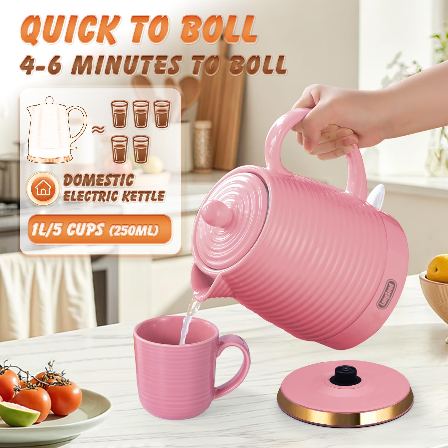 LONGSEED 1.2 Liters Ceramic Electric Kettle with Infuser & Mug Set,1000W Fast Boil Water for Tea Coffee, Teapot with Boil-Dry Protection Auto Shut Off, Detachable Swivel Base