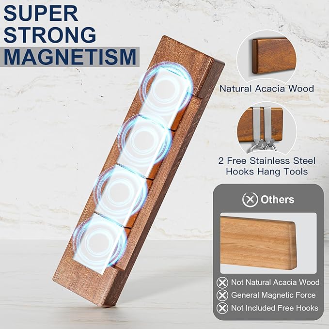 ENOKING 10Inch Magnetic Knife Holder for Refrigerator - Acacia Wood Knife Strip with Exquisite Gold-Foil Gift Box - Compact Knife Bar with 2 Hooks, No Drilling Solution