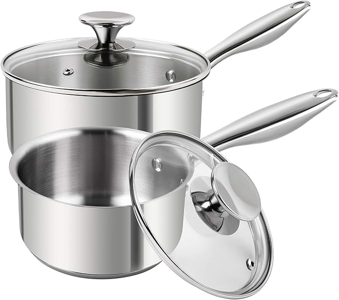 MICHELANGELO Stainless Steel Saucepan Set 1Qt & 2Qt, 18/10 Stainless Steel Pot Set, Induction Saucepan with Glass Lid, Dishwasher & Oven Safe (No Coating & Non-toxic)
