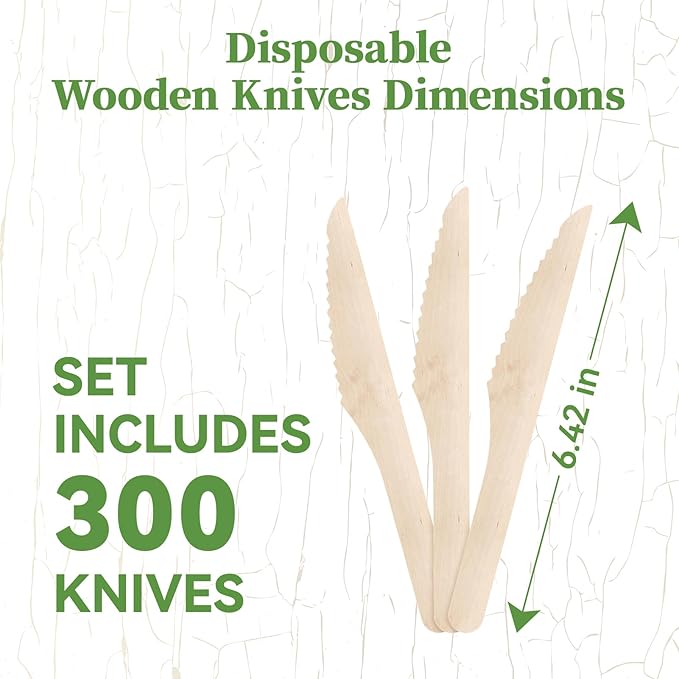 ECOLipak 300 Count Compostable Wooden Disposable Knives for Party, Dinner