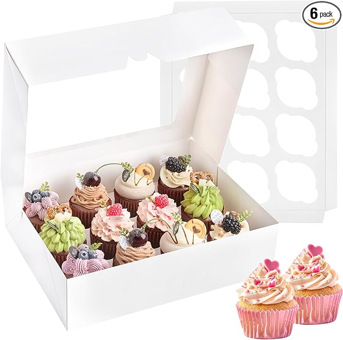 Kucoele 12 Count White Cupcake Boxes, 13 x 10 x 4 Inches, 6 Pack