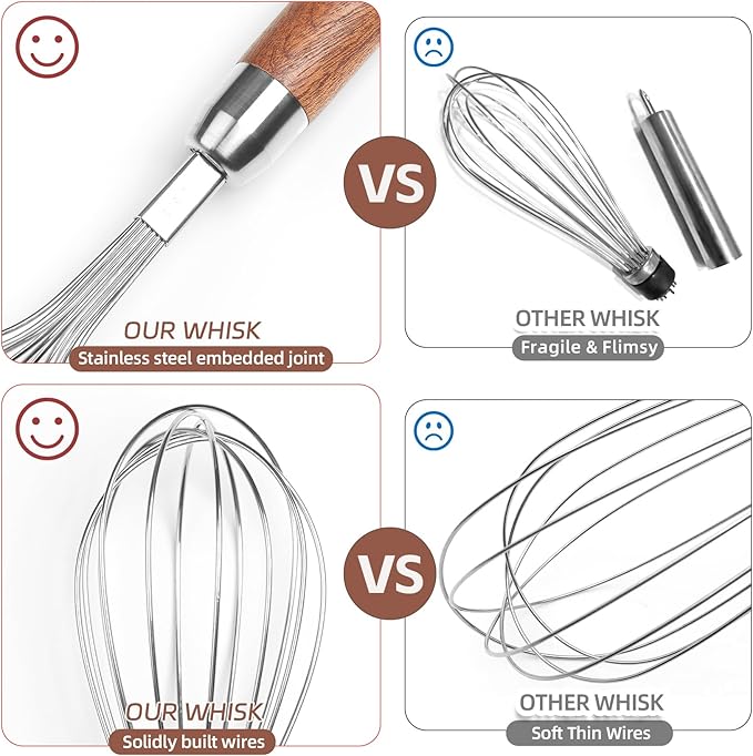 EVNSIX Stainless Steel Wire Cooking Whisk, Multi Function Kitchen Hand Whisk Non Stick Balloon Whisk Egg Beater for Blending Whisking Beating Frothing Stirring Batters,Wooden Handle (11""L x 2.1""W)