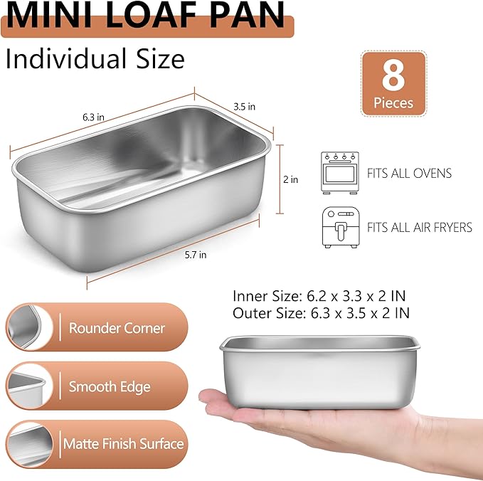 LIANYU 6.3 x 3.5 In Stainless Steel Mini Loaf Pan for Baking Bread, 8 Pack