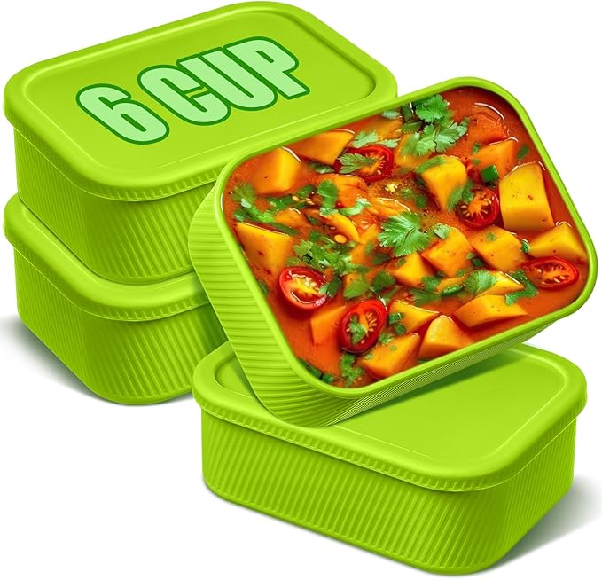 Nuogo 4 Pcs 6 Cup Silicone Freezer Trays with Lid Soup Containers, Green