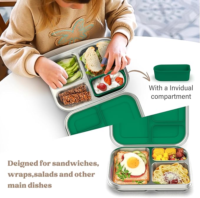 BABHAMNESS Stainless Steel Bento Box Kids, 3 Compartments Leak Proof Metal Bento Lunch Box, 304 Stainless Steel Bento Lunch Containers for School and Office,Dishwasher Safe, BPA-Free-Green