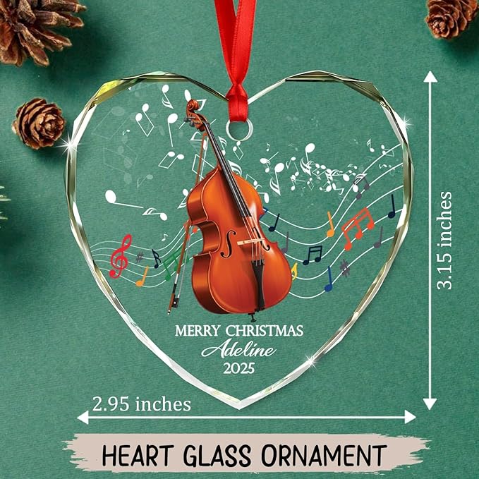 Personalized Contrabass Musical Instrument Glass Ornament, Customized Text Year Name Contrabass Player Ornaments Gift for Double Bass Lover Daughter Son, Best Double Bassist Glass Christmas Ornament