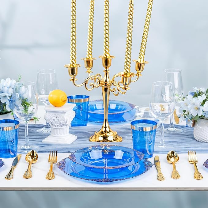 Nervure 50PCS Blue Plastic Bowls with Gold Rim - 12oz Disposable Soup Bowls