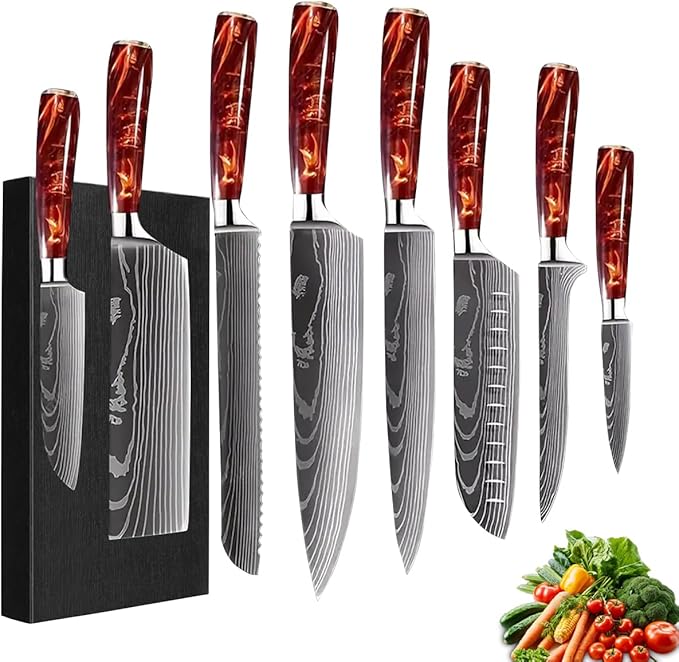 FIVE COWS 8-Piece Premium Japanese Kitchen Knife Set - Star Collection, Laser Damascus Pattern, 440A Stainless Steel Ultra Sharp for Fast Cutting (DMS-8A-Red)