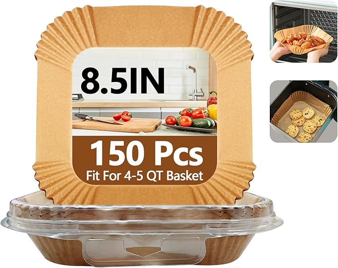 8.5 Inch Air Fryer Liners Disposable, 150PCS Non-Stick Air Fryer Liners, Oil-Proof & High-Temperature Resistant Square Baking Paper for Air Fryer, Microwave, Oven（Bottom Is 7 Inch）