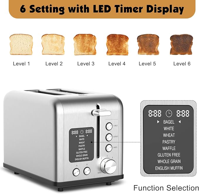2-Slice Bagel Toaster Stainless Steel with Screen- Single Slice Function for Single-Sided Stuffed Bagel, 8 Bread Types, 6 Browning Levels, LED Countdown Timer, Defrost/Reheat/Cancel, 825W