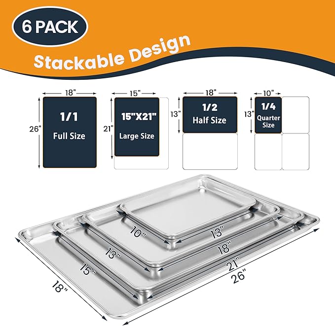 FSUON 6 Pack Full Size Aluminum Baking Sheet Pan, 26 x 18 in