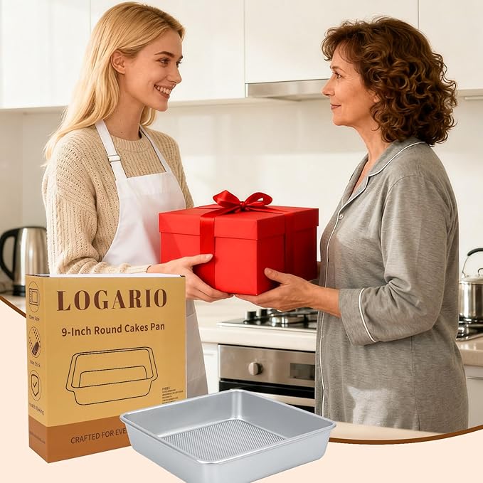 Logario 9 x 9 Inch Square Baking Pans, Set of 2, 0.8 mm Heavy-Duty Aluminized Carbon Steel Nonstick Brownie and Cake Pans, Textured Bottom, Oven Safe to 450°F, Silver