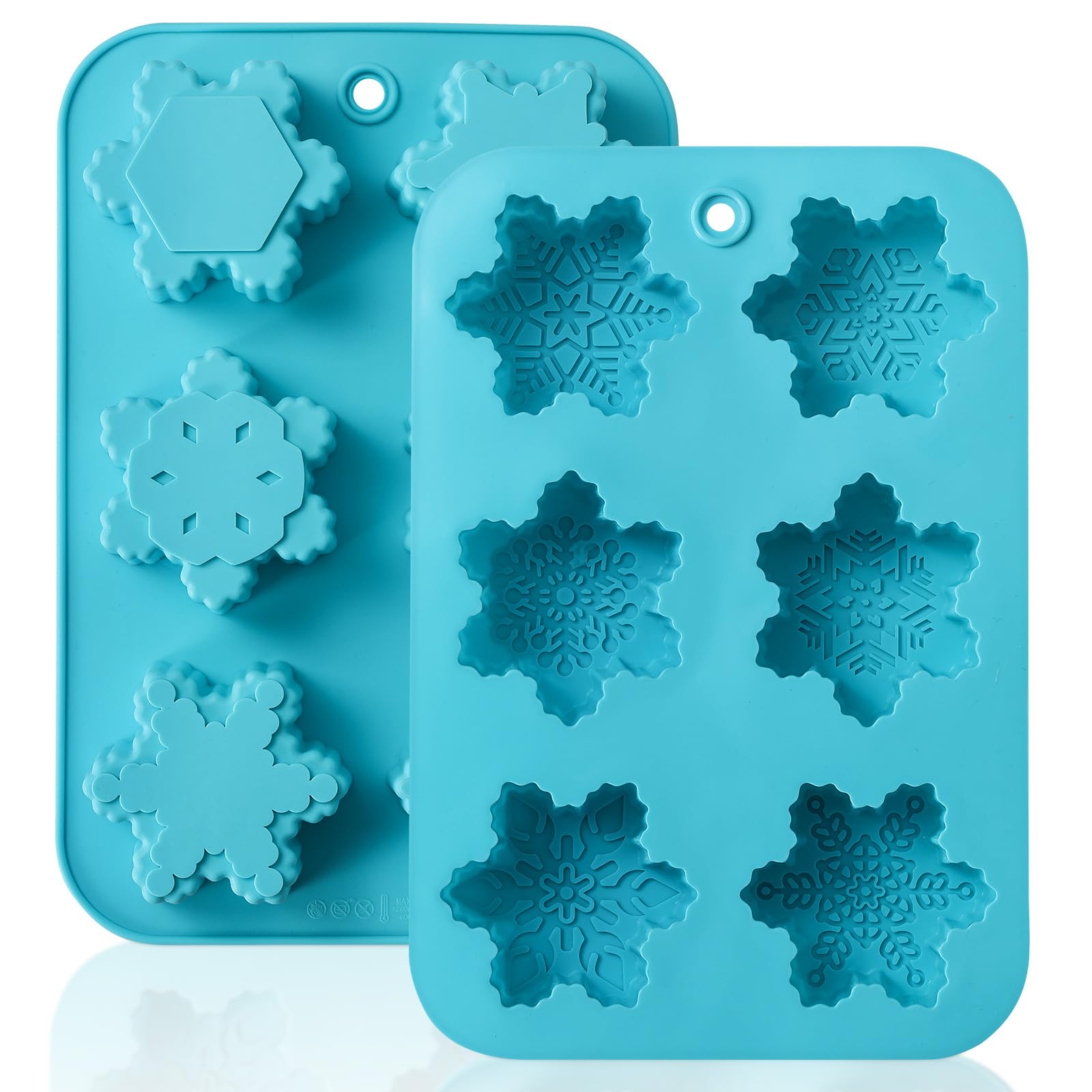 HKNMTT Snowflake Christmas Silicone Mold 12 Cavity 6 Shapes for Holiday Soap Chocolate Cocoa Bomb Ice Candy Oreo Covered Jello Xmas Winter Wax, Oven Safe Baking Frozen Moulds DIY Candle Craft Set