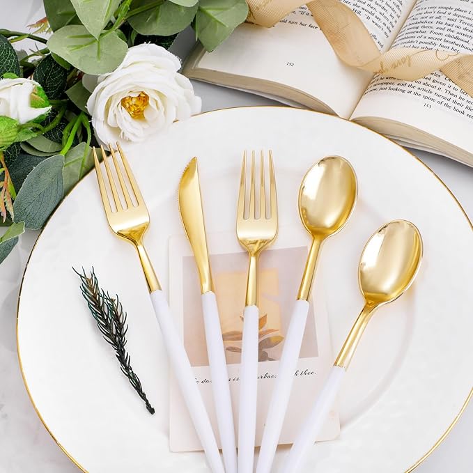 I00000 300 Pcs Gold Plastic Silverware Set, Gold Utensils with White Handle