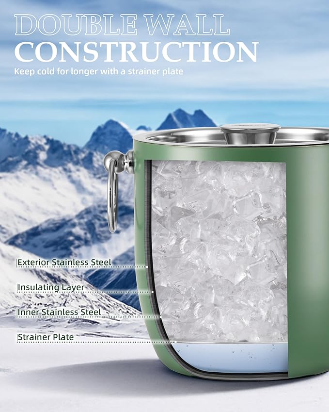 Golden Cudgel Insulated Ice Bucket, 3L Double Wall Stainless Steel Ice Bucket with Tongs,Lid, Scoop and Strainer, Ice Buckets for Parties,Cocktail Bars, Chilling Beer, Champagne, Wine Bottles，Green