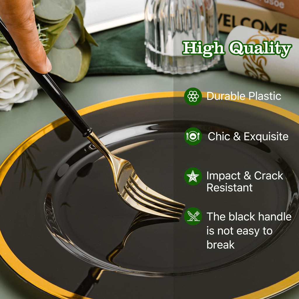 N9R 150PCS Black and Gold Plastic Silverware, Disposable Utensils & Cutlery
