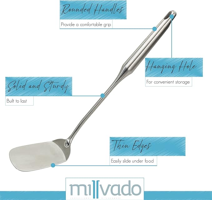 Millvado Stainless Steel Cooking Spatula,15 Inch Metal Turner, Kitchen Slotted Flipper For Grills, Camping BBQ’s, Frying Pancakes, Burgers, Large Cookware For the Professional Chef