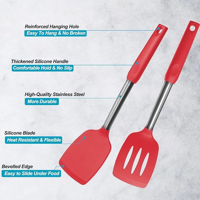 2 Pack Spatulas, Solid & Slotted Silicone Spatula Set, Stainless Steel Handle Coated with Silicone, Non Stick Turners, Heat Resistant Rubber Spatulas for Fish, Eggs, Pancakes, WOK, Red