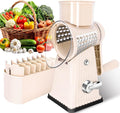 YHBRAK Rotary Cheese Grater with 5 Well-designed Blades & Strong Suction Base, Kitchen Mandoline Vegetable Slicer with Blade Storage Box(Off-white)