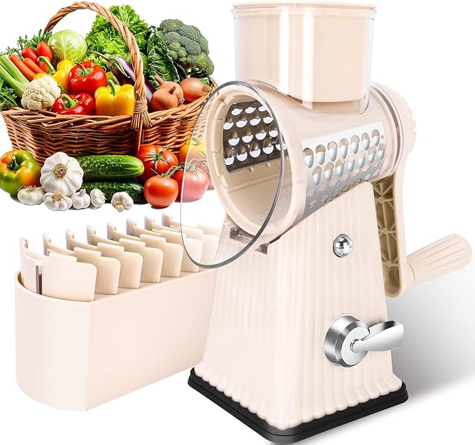 YHBRAK Rotary Cheese Grater with 5 Well-designed Blades & Strong Suction Base, Kitchen Mandoline Vegetable Slicer with Blade Storage Box(Off-white)