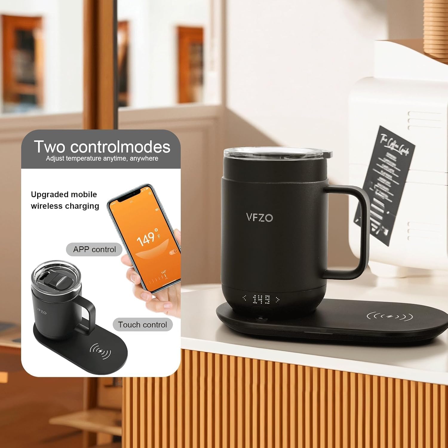 VFZO Self Heating Coffee Mug,High-Capacity- 18 oz, 180 Min Battery Life, Smart Heated Coffee Mug，Smart Mug, Simple Temperature Control Operation, Gifts for Family Members (Tintenschwarz)