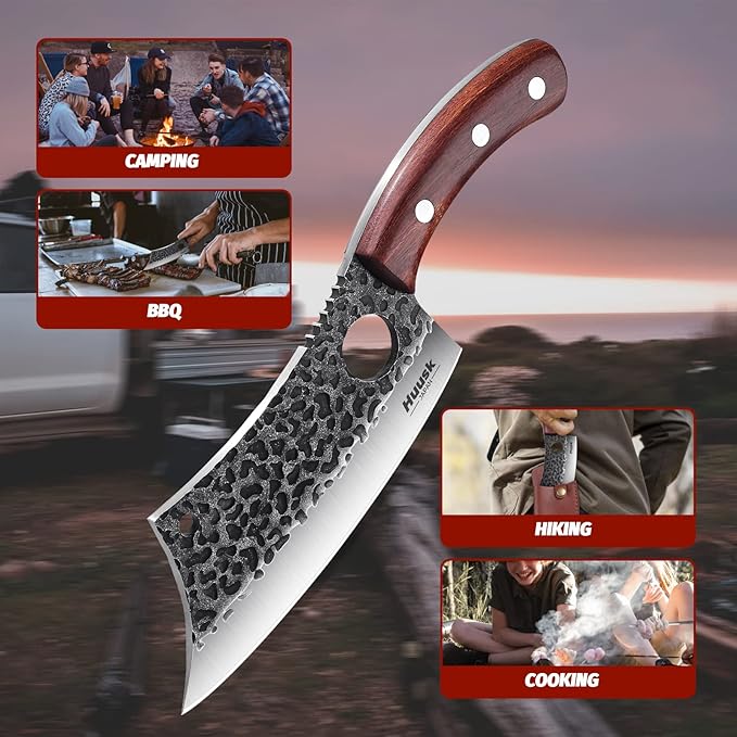 Huusk Meat Cleaver Knife with Sheath, Hand Forged Viking Knife, Mens Gifts