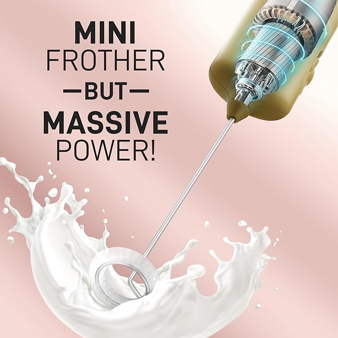 Mini & Mighty Milk Frother Wand – Powerful Handheld Coffee Frother, Battery Operated Drink Mixer – Compact Pocket Size – Detachable Whisk for Latte, Cappuccino, Matcha, Hot Chocolate