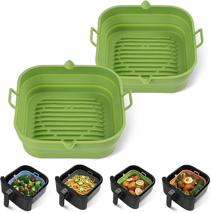 [2 Pack] Silicone Air Fryer Liners Square - Reusable Airfryer Basket - Easy to Clean Air Fryers Pot for 5.8 to 8 Qt Large Air Fryer Baking Tray Oven Accessories, 8.5 Inch