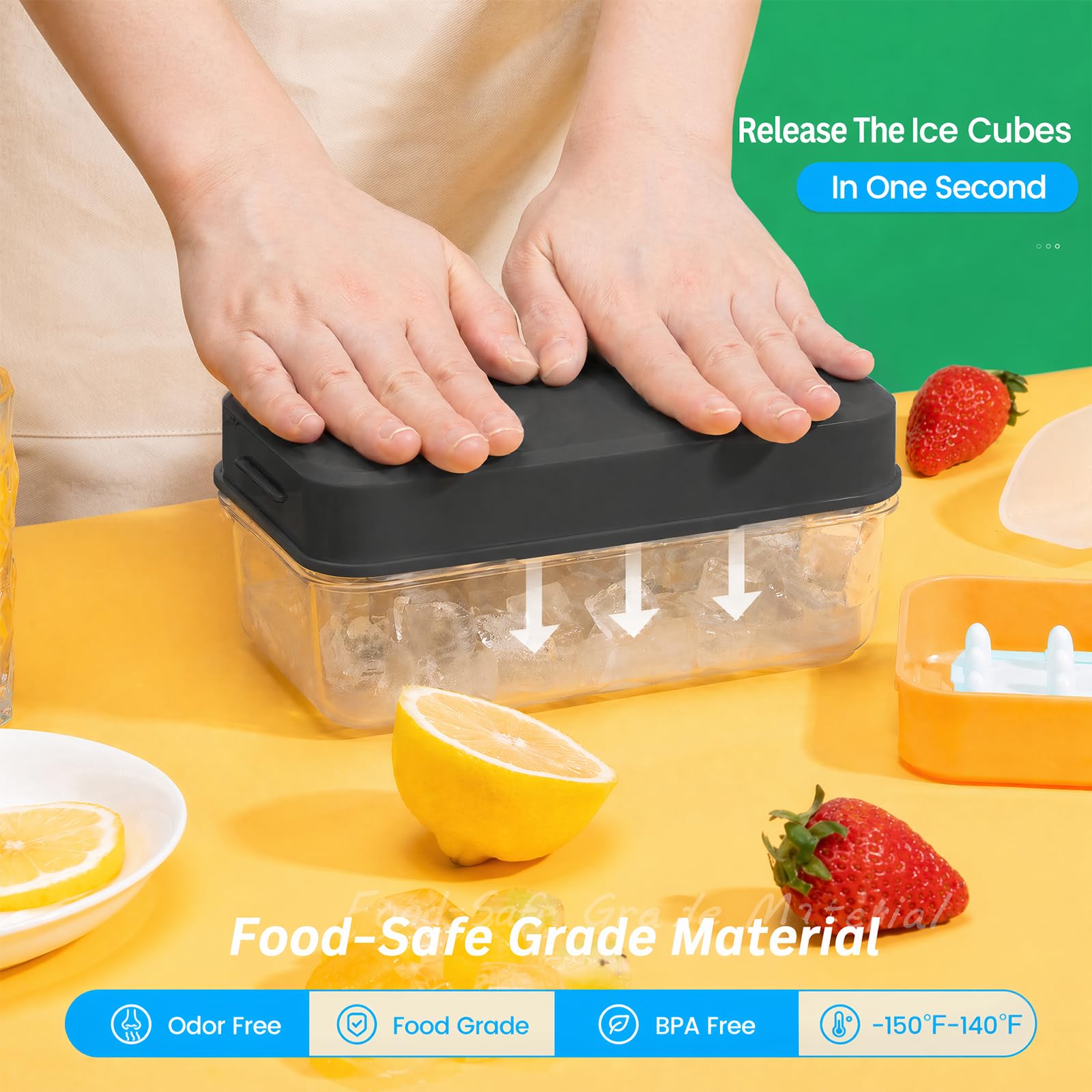 PHINOX Ice Cube Tray with Lid and Bin, Easy Release 56 Cubes for Freezer