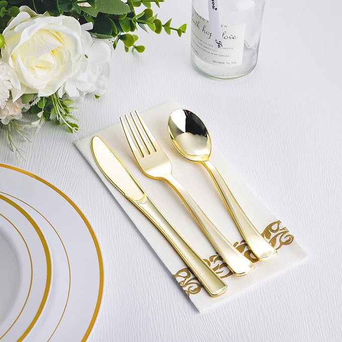 N9R 200PCS Gold Plastic Silverware, Heavy Duty Disposable Utensils/Cutlery