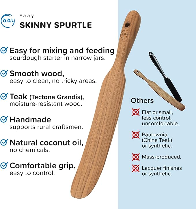 FAAY Teak Wooden Skinny Spurtle Spatula for Sourdough Starter & Jars