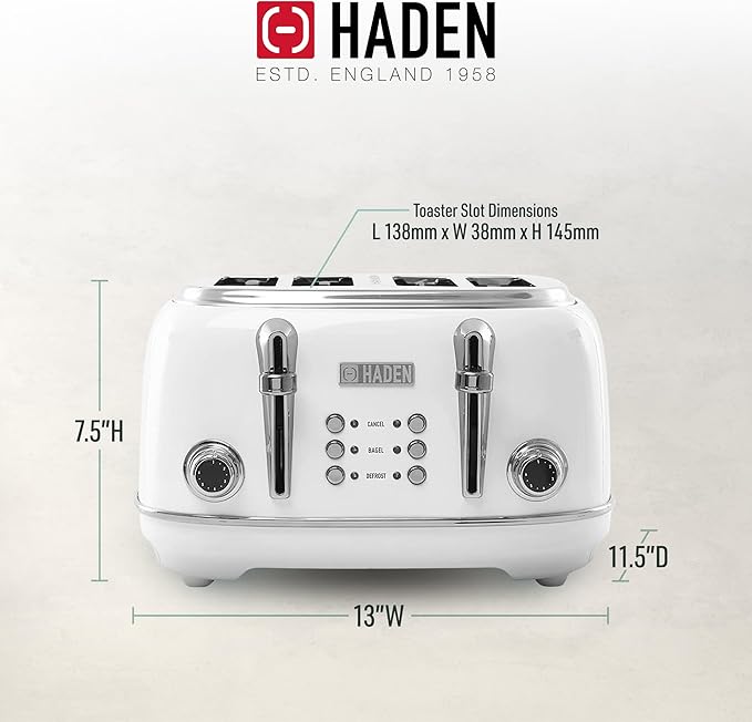 HADEN Heritage Toaster with Extra Wide Slots, 1500-Watt, Ivory & Chrome - Retro Stainless Steel Design with Self-Centering Function, 4 Slice Adjustable Browning Control & Removable Crumb Tray