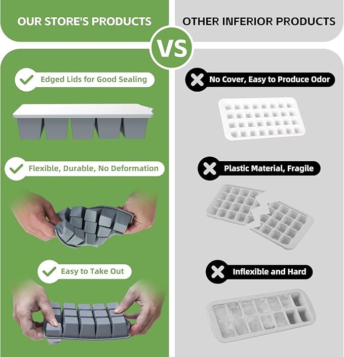 FANYITY Silicone Ice Cube Tray with Lid, Gray, Pack of 2 Ice Cube Moulds, Silicone Mould, BPA-Free, Stackable Ice Cube Tray, Ice Cube Trays for Baby Porridge, Cocktail, Whiskey, Coffee