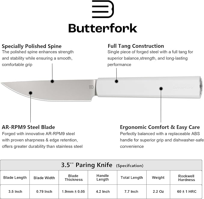 Butterfork 3.5 Inch Paring Knife, AR-RPM9 Steel Fruit Vegetable Knife with Ergonomic ABS Handle Oak Sheath, Ultra Sharp Kitchen Knife for Peeling Coring Cutting, Gift for Home Chefs