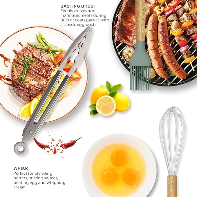 oannao Silicone Cooking Utensils Set - 446°F Heat Resistant Silicone Kitchen Utensils for Cooking,Kitchen Utensil Spatula Set w Wooden Handles, BPA FREE Gadgets for Non-Stick Cookware (Colorful)
