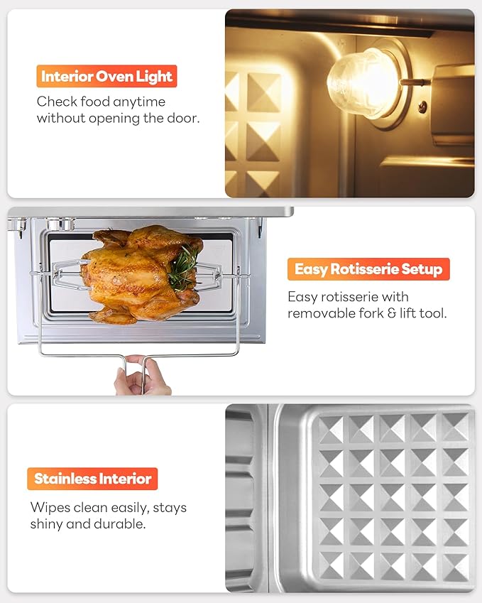 28QT Air Fryer Toaster Oven Combo, Large 12-in-1 Convection Countertop Oven with 3-Layer Cooking, Rotisserie for Chicken, 6 Heating Tubes, Fast Preheat, Fit 11" Pizza, Stainless Steel