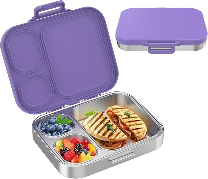 Pawtong Stainless Steel Bento Lunch Box for Kids | 3-Compartment Lunch Box Container Kids | 100% Leakproof, Eco-Friendly, Perfect Portion Control for Kids&Adult Healthy Meals (Purple)